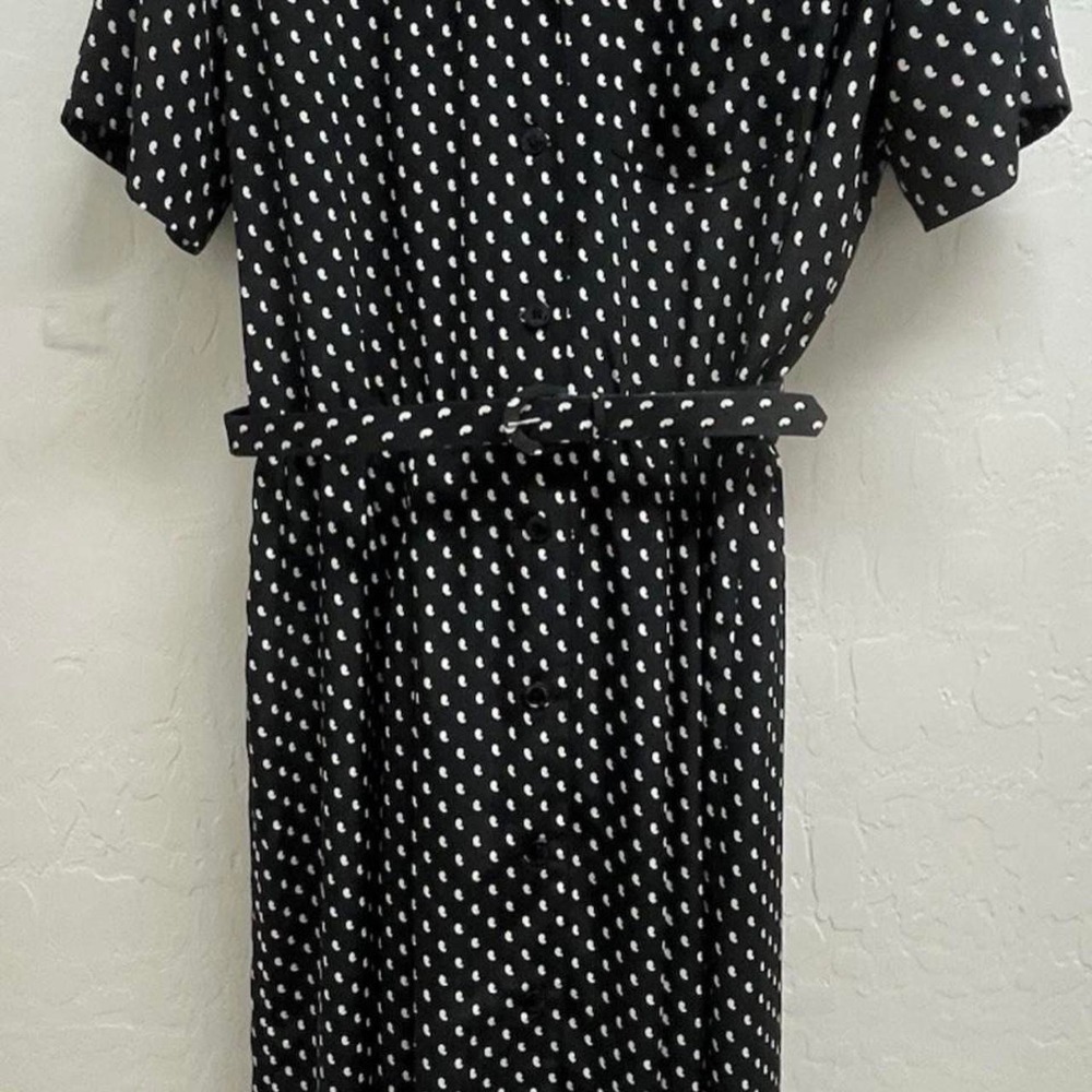 VTG Liz Claiborne Black White Geometric Print Button Front Midi Dress Size 14
